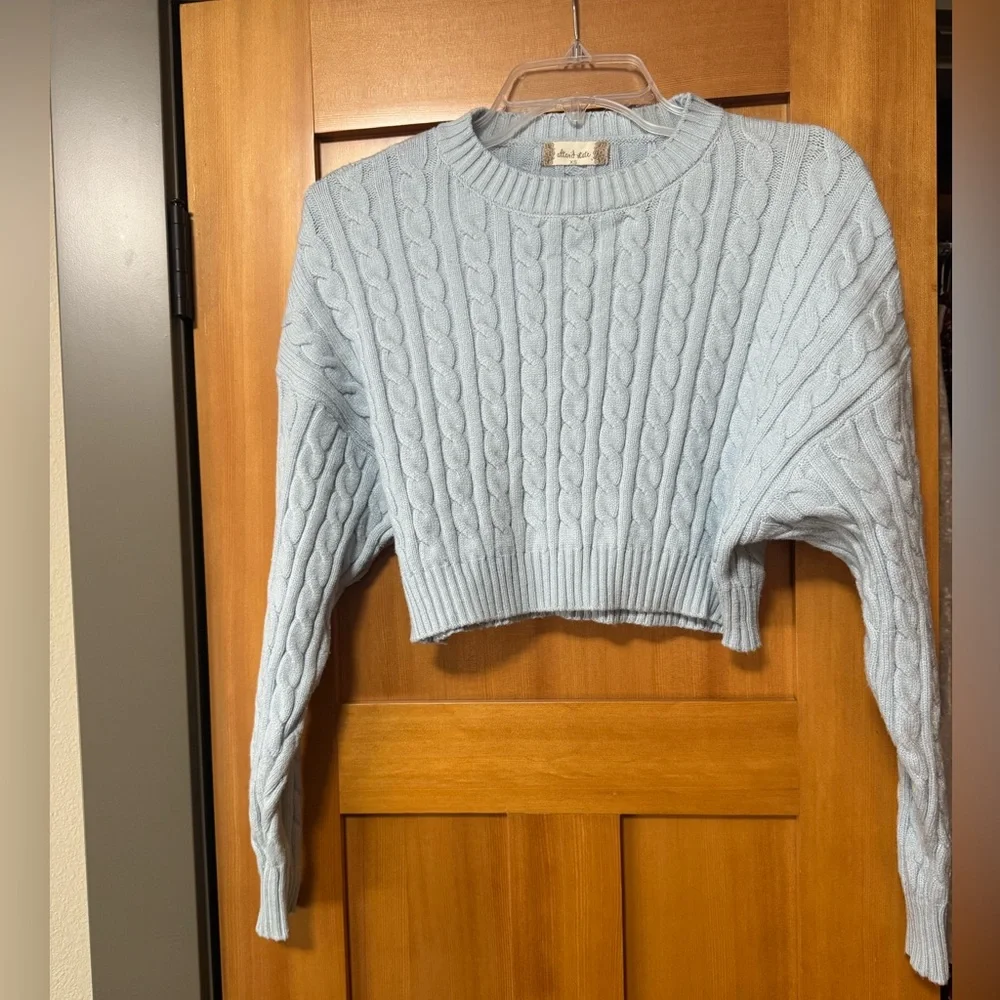 Altar'd State Light Blue Cable Knit Cropped Crewneck Sweater